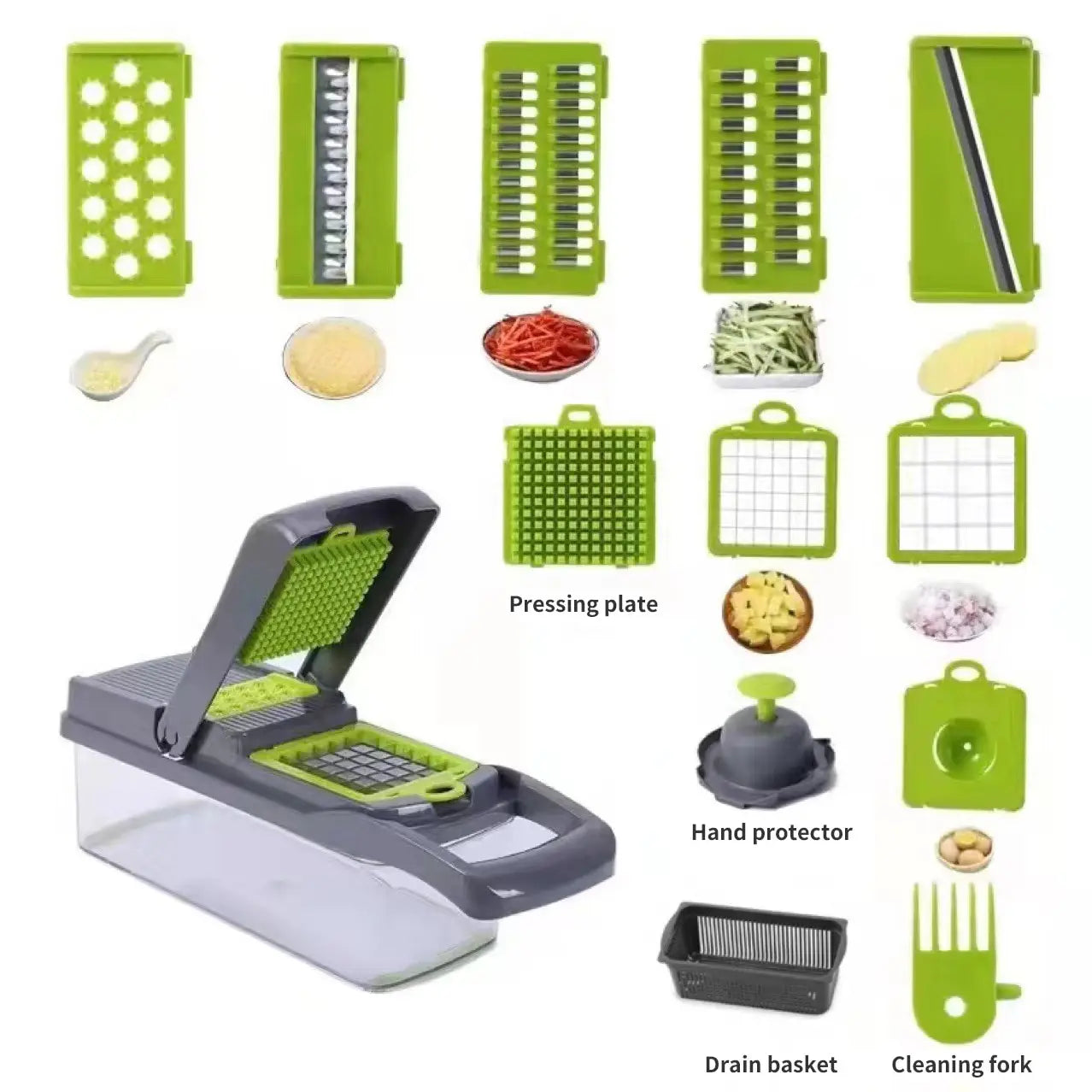 Fatiador Vegetal Multifuncional com Cesta, Cortador De Frutas, Chopper De Batata, Ralador, 12 em 1