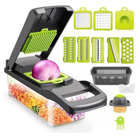 Fatiador Vegetal Multifuncional com Cesta, Cortador De Frutas, Chopper De Batata, Ralador, 12 em 1